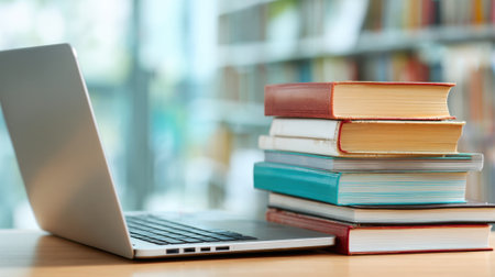 A laptop sits beside a stack of colorful books in a warm library ambiance inviting learning.の素材