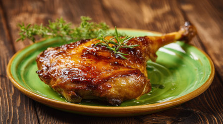 A tender roasted chicken leg glistens with a savory glaze resting on a green plate. Fresh herbs add a touch of nature.の素材