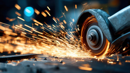 A powerful grinder creates bright sparks while shaping metal in a dimly lit workshop.の素材
