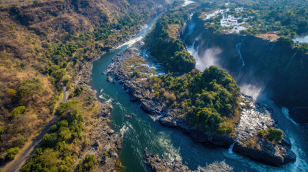 Rushing waterfalls flow into a river framed by cliffs and vibrant foliage under a clear blue sky.の素材
