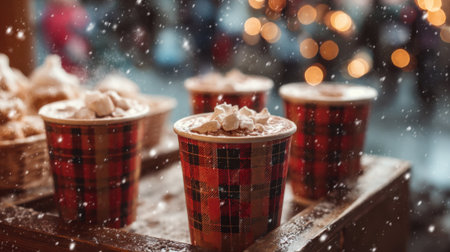 Delicious hot cocoa topped with whipped cream is served at a bustling winter market surrounded by snow.の素材