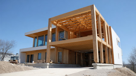 An architectural marvel is taking shape with a wooden frame amid a bright sunny day.の素材