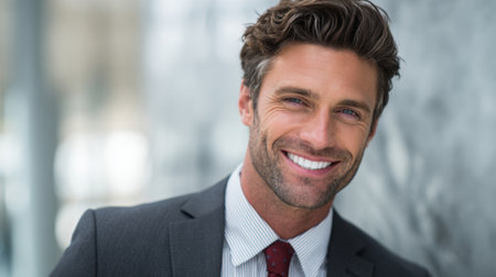 A well-dressed man stands in a sleek office environment, showcasing a bright smile. He wears a suit and tie, radiating confidence in a professional atmosphere.の素材
