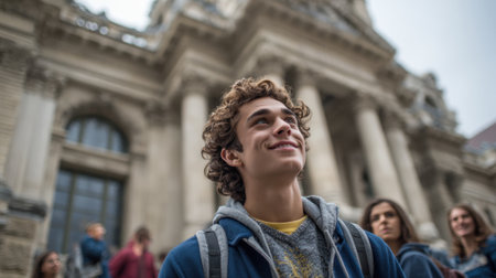 A cheerful young boy gazes up at beautiful historic buildings while enjoying time with friends.の素材