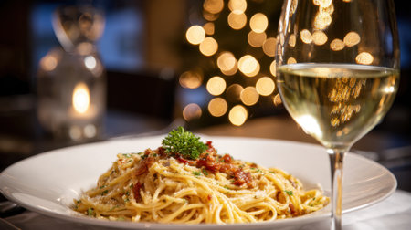 A mouthwatering plate of pasta is beautifully presented alongside a glass of white wine.の素材
