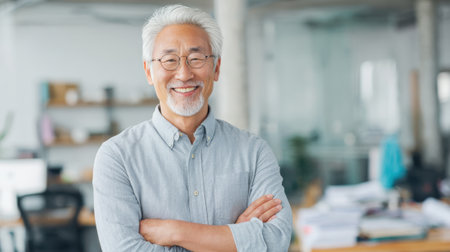 A man with a big smile on his face is standing in front of a desk with a computer monitor and a keyboardの素材