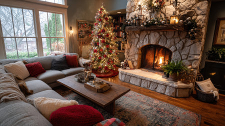 A cozy living room with a Christmas tree and a fireplace. The room is decorated with red and white pillows and a rugの素材