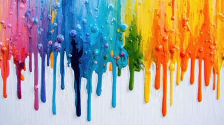 A painting of a rainbow with different colors splattered on a white background. The painting conveys a sense of creativity and freedom, as the colors blend together in a beautiful and chaotic wayの素材