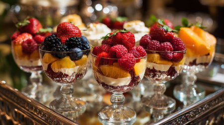 A tray of fruit desserts in glass cups. The desserts include strawberries, blueberries, and raspberriesの素材
