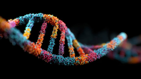 A colorful DNA strand is shown in a black background. The colors are bright and vibrant, creating a sense of energy and life. Concept of the importance of DNA in our livesの素材