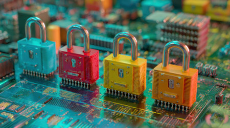 Four different colored locks are on a circuit board. The locks are yellow, red, blue, and greenの素材