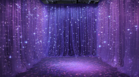 A purple room with purple curtains and purple lights. The room is empty and has a starry atmosphereの素材