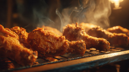 Golden brown chicken drumsticks sizzle on a grill sending delicious smoke into the air.の素材