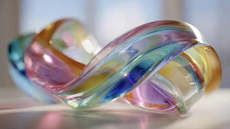A colorful glass sculpture with a spiral shape. The colors are vibrant and the design is intricate. The sculpture appears to be a work of art, possibly inspired by nature or abstract conceptsの素材