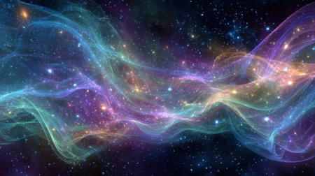 A colorful, swirling galaxy of stars and nebulae. The colors are vibrant and the shapes are wavy, giving the impression of movement and energy. Concept of wonder and awesome at the vastnessの素材