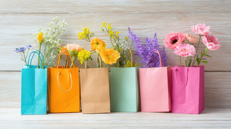A row of colorful paper bags with flowers in them. The bags are arranged in a line, with the pink bag on the far right and the blue bag on the far leftの素材