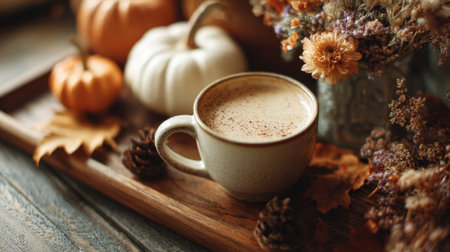 A wooden tray with a white coffee cup and a few pumpkins and flowers. The coffee cup is filled with a warm beverage, and the tray is placed on a wooden table. The scene conveys a cozyの素材