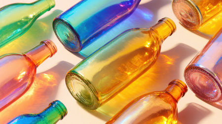 A row of colorful bottles with one of them being yellow. The bottles are arranged in a way that they create a rainbow effectの素材