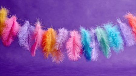 A colorful string of feathers hanging from a purple background. The feathers are of different colors and sizes, creating a vibrant and lively atmosphereの素材