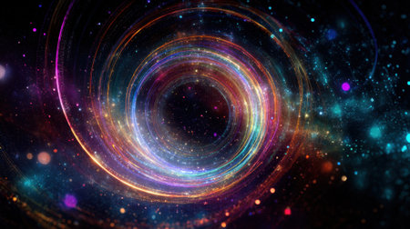 A colorful spiral galaxy with a black hole in the center. The galaxy is filled with bright colors and has a sense of movement and energyの素材