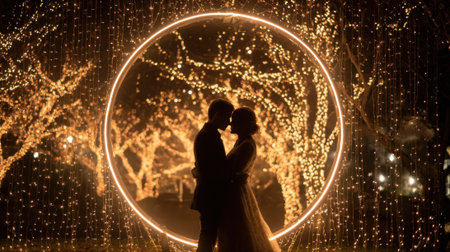 A couple is posing for a picture in front of a glowing circle of lights. Scene is romantic and intimate, as the couple is embracing each other in the center of the circle. The lights create a warmの素材
