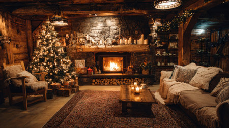 A cozy living room with a fireplace and a Christmas tree. The room is decorated with Christmas lights and has a warm, inviting atmosphereの素材