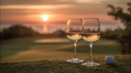 Two wine glasses are on a grassy hillside overlooking a golf course. The sun is setting in the background, creating a warm and relaxing atmosphereの素材