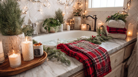 A bathroom with a bathtub, candles, and a red and white plaid towel. The bathroom is decorated with Christmas lights and greeneryの素材