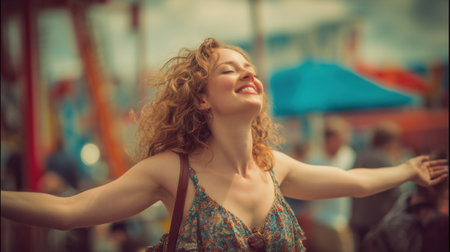 A woman with curly hair is smiling and holding her arms open. She is wearing a floral dress and a brown purse. The scene is outdoors, and there are several umbrellas and people around herの素材