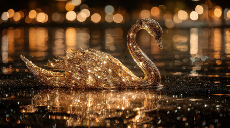 A gold swan is floating on a lake with a reflection of the lights in the water. Concept of tranquility and beauty, as the swan glides gracefully through the calm watersの素材