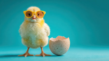 A baby chick wearing sunglasses stands next to an egg. The chick is wearing yellow sunglasses and he is posing for a picture. The egg is cracked open, revealing a small white egg insideの素材