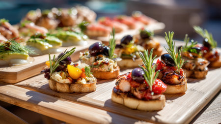 A wooden tray with a variety of appetizers, including some with olives and herbs. The presentation is colorful and inviting, making it a perfect snack for a party or gatheringの素材