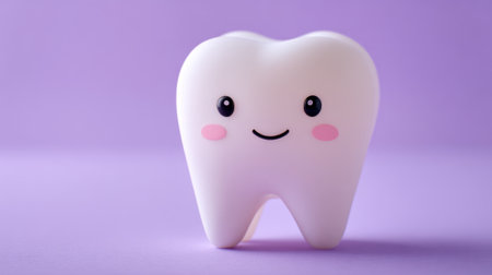 A tooth with a smile on it is sitting on a purple background. The tooth is white and has a cartoonish appearanceの素材
