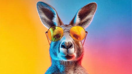 A kangaroo wearing sunglasses and a hat. The kangaroo is looking at the cameraの素材