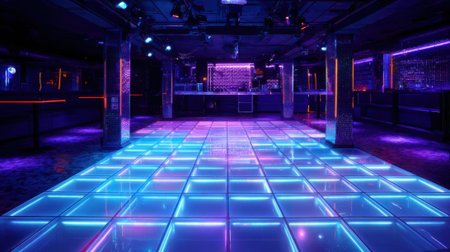 A dance floor with neon lights and a neon sign that says "Welcome". Scene is energetic and funの素材