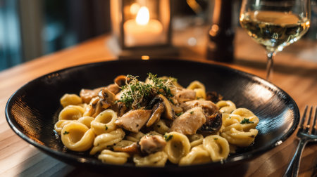A black bowl of pasta with mushrooms and parsley on top. The pasta is in a white sauce and the mushrooms are scattered throughout the dish. A candle is lit in the background, creating a warmの素材