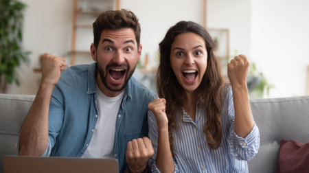 A man and woman are sitting on a couch, both of them are smiling and holding their hands up in the airの素材
