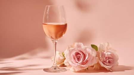 A glass of wine is on a table next to a bouquet of pink roses. The wine glass is half full, and the roses are arranged in a vase. Concept of elegance and sophistication, as the wineの素材