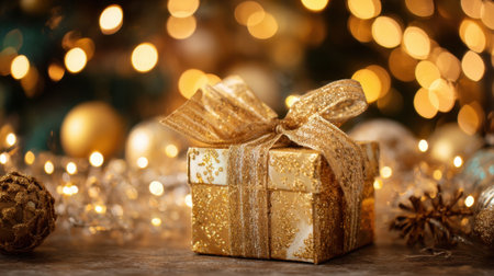 A gold wrapped gift box sits on a table with a string tied around it. The box is surrounded by a variety of shiny gold ornaments, including a few pine cones. Concept of luxury and celebrationの素材