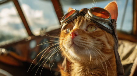 A cat wearing goggles and a pilot's hat is sitting in the cockpit of a plane. The cat's eyes are wide open, and it is looking out the window, taking in the view. The scene is whimsical and playfulの素材