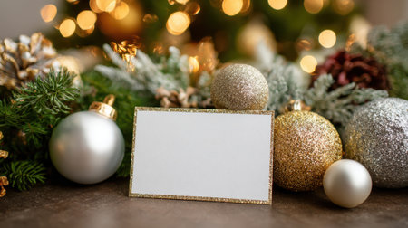 A white card with a blank space sits on a table next to a bunch of Christmas ornamentsの素材