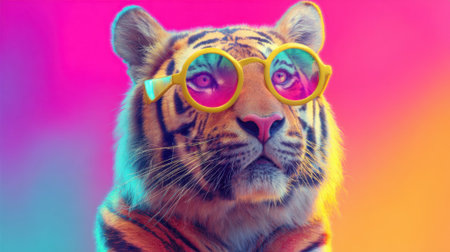 A tiger wearing sunglasses and a yellow nose. The tiger is looking at the camera. The image has a colorful and playful moodの素材