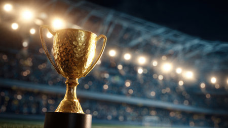 A gold cup with a handle sits on a table in a stadium. The stadium is filled with people, and the lights are shining brightly. Concept of excitement and celebrationの素材