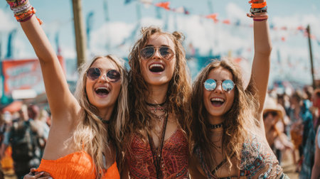 Three women are smiling and wearing sunglasses, posing for a photo. Scene is happy and carefree, as the women are enjoying themselves at a festival or concertの素材