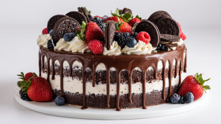 A chocolate cake with strawberries and blueberries on top. The cake is covered in chocolate drizzle and has a white plate underneath itの素材