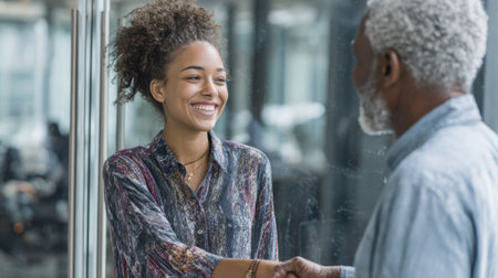 Smiling woman shakes hands with an older man in a modern office setting exchanging warmth and ideas.の素材