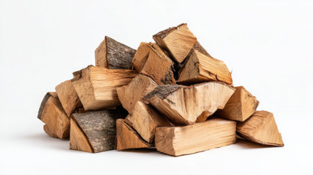A pile of wood logs on a white background. The pile is made up of many different sized logs, some of which are large and some of which are small. The logs are stacked on top of each otherの素材