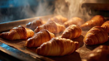 A tray of croissants is baking in the oven. The croissants are golden brown and have a crispy texture. The steam rising from the tray adds to the warm and inviting atmosphere of the sceneの素材