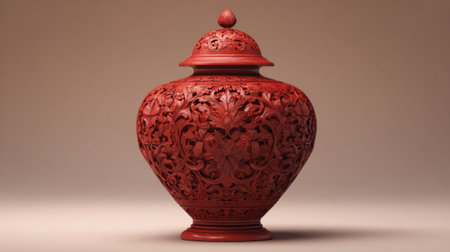 A red vase with a gold top sits on a table. The vase is ornate and has a unique design. The red color of the vase gives it a warm and inviting appearance. The gold top adds a touch of eleganceの素材