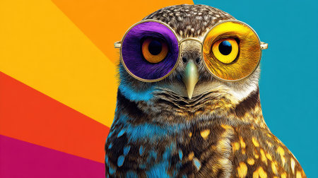 A colorful owl wearing sunglasses and purple and yellow glasses. The owl is the main focus of the image, and the glasses and sunglasses give it a fun and quirky appearanceの素材